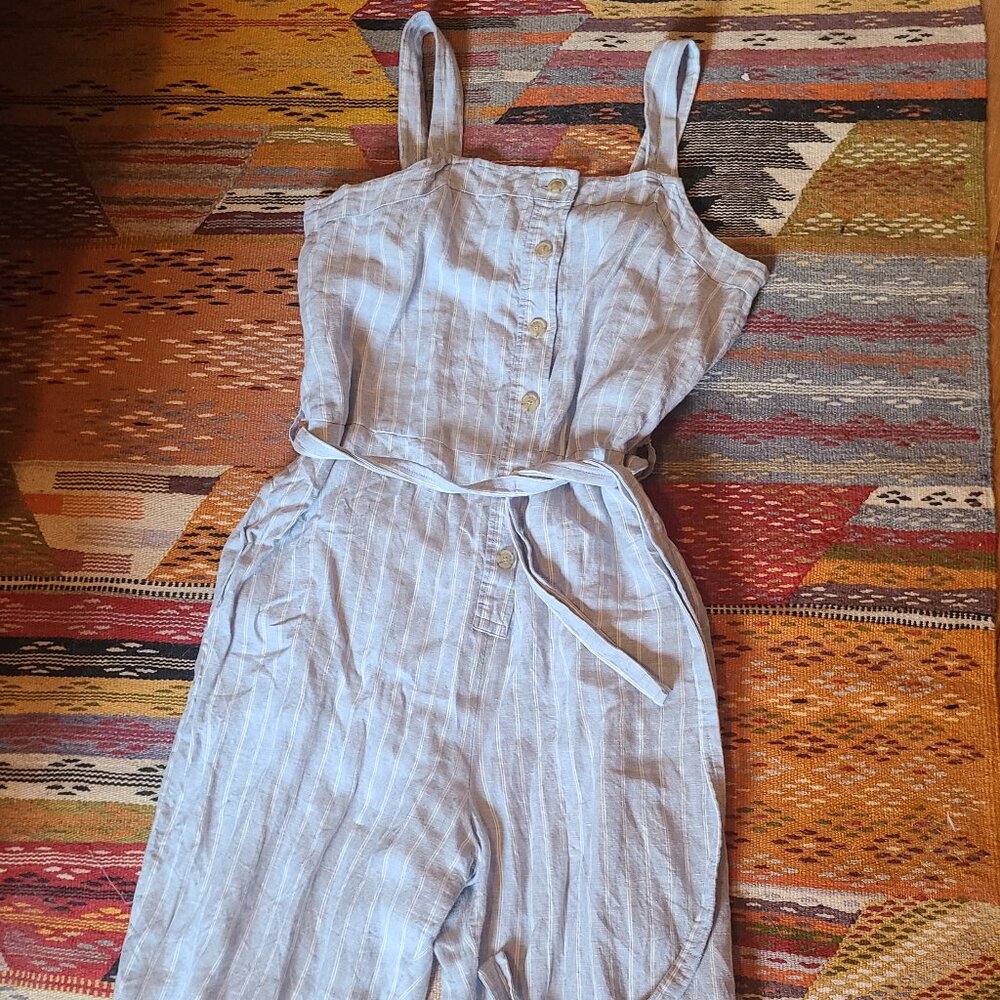 Everlane baby blue striped linen jumpsuit